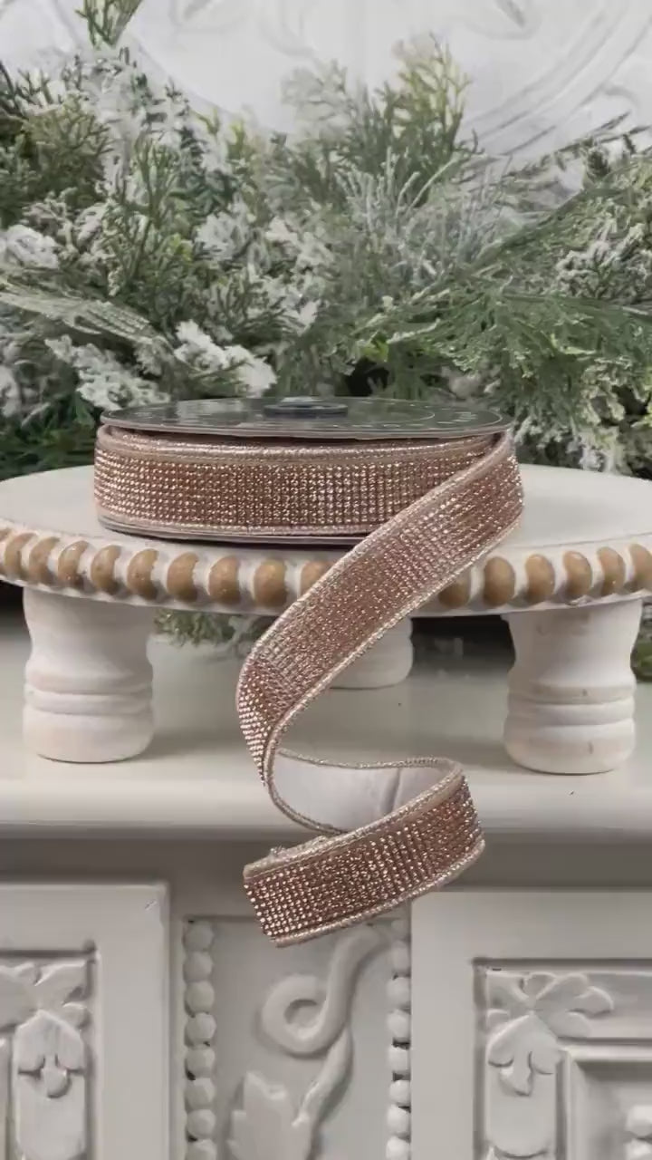 Champagne Rhinestone Ribbon, Ivory Dupion Ribbon with Rhinestone Trim, Elegant Designer Ribbon for Holiday and Wedding Decor