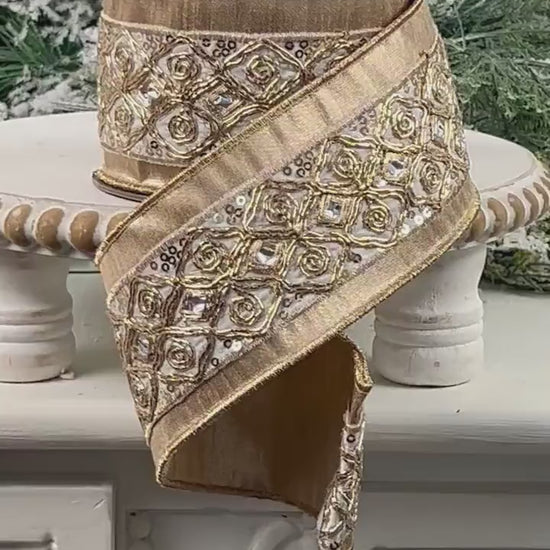 D. Stevens Metallic Gold Embroidered Ribbon, Gold Dupion Ribbon with Iridescent Trim, Luxury Designer Ribbon for Holiday and Wedding Decor
