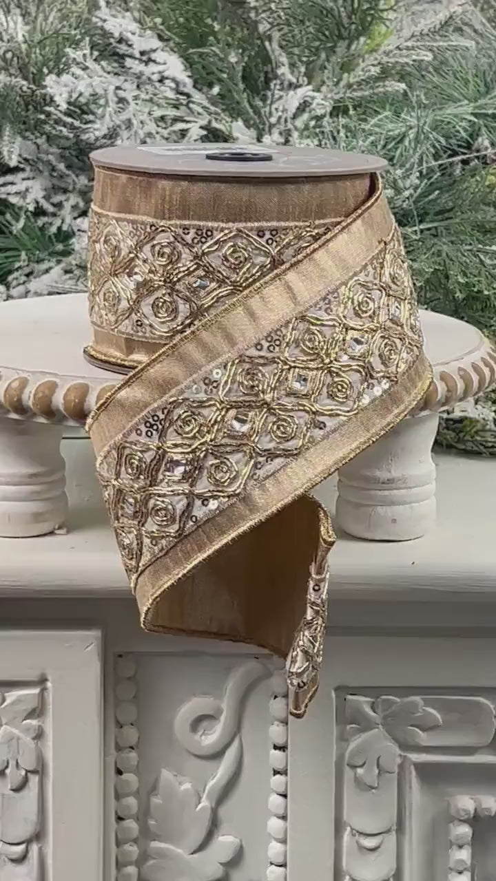 D. Stevens Metallic Gold Embroidered Ribbon, Gold Dupion Ribbon with Iridescent Trim, Luxury Designer Ribbon for Holiday and Wedding Decor