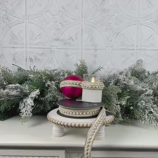 Farrisilk Pearl Border Ornamate, Ivory Velvet Ribbon with Pearls and Gold Trim, Self-Adhesive Designer Ribbon for Holiday or Wedding Decor