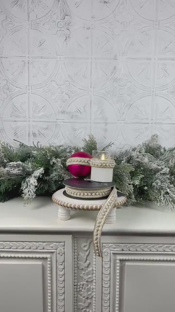 Farrisilk Pearl Border Ornamate, Ivory Velvet Ribbon with Pearls and Gold Trim, Self-Adhesive Designer Ribbon for Holiday or Wedding Decor