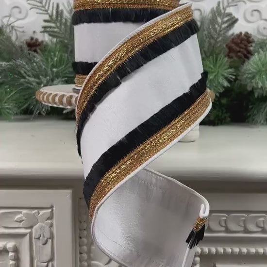 Elegant White Ribbon with Black Fringe and Gold Trim, Black White Ribbon, Black Fringe Ribbon, Gold Trimmed Ribbon, 4" Dupioni White Fringe