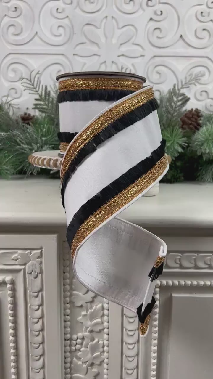 Elegant White Ribbon with Black Fringe and Gold Trim, Black White Ribbon, Black Fringe Ribbon, Gold Trimmed Ribbon, 4" Dupioni White Fringe