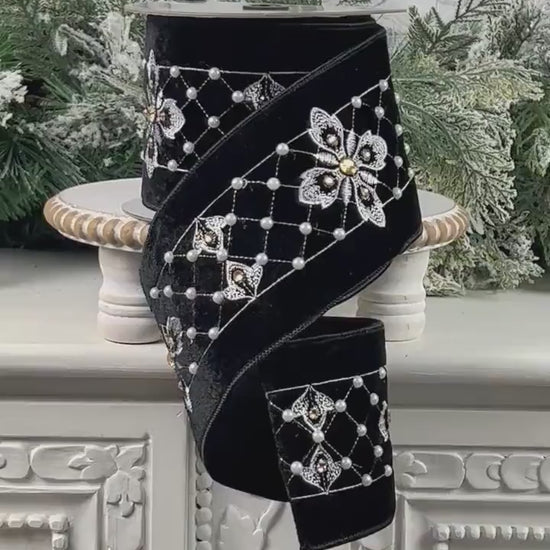 Embroidered Black Velvet Pearl Ribbon, , Elegant Designer Ribbon