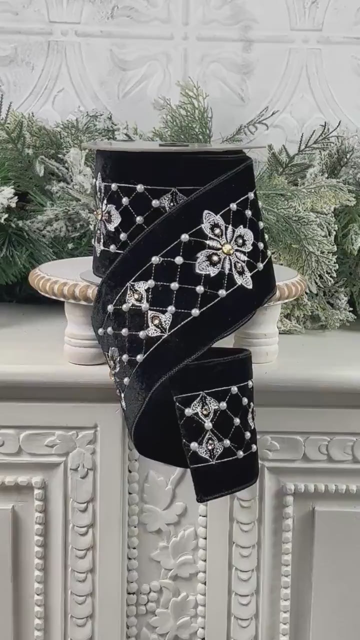 Embroidered Black Velvet Pearl Ribbon, , Elegant Designer Ribbon