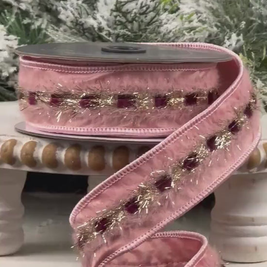 Farrisilk Pink Burgundy Gold Ribbon, Pink Tinsel Holiday Ribbon, Christmas Wreath and Tree Trimming Ribbon