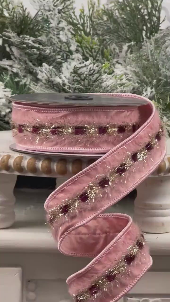 Farrisilk Pink Burgundy Gold Ribbon, Pink Tinsel Holiday Ribbon, Christmas Wreath and Tree Trimming Ribbon