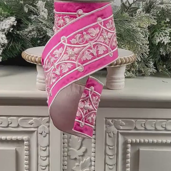 Embroidered Pink Velvet Pearl Ribbon, Pink and White Designer Ribbon, Elegant Luxury Ribbon for Holiday and Wedding Decor