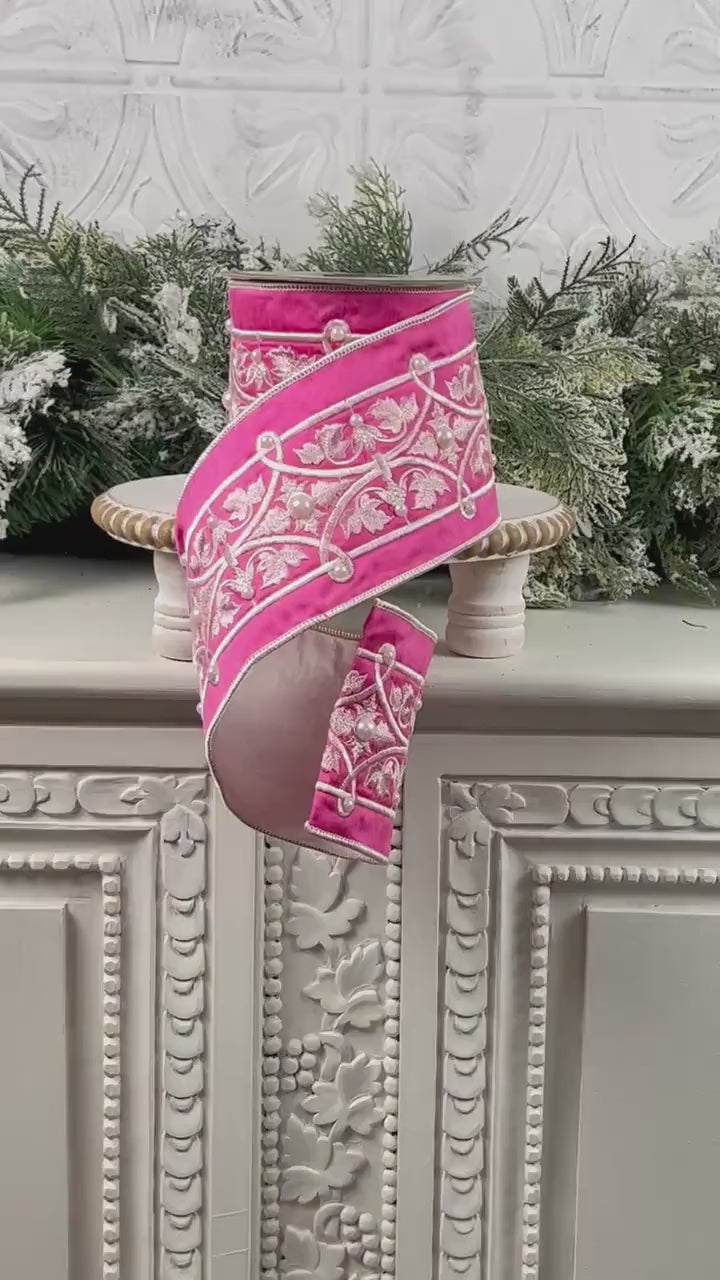 Embroidered Pink Velvet Pearl Ribbon, Pink and White Designer Ribbon, Elegant Luxury Ribbon for Holiday and Wedding Decor