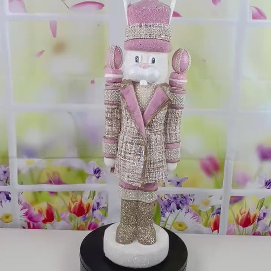 Luxury Easter Bunny Nutcracker – Couture Pink and Gold Decor – D Stevens Ribbon, Glitter and Jewel Trim – Elegant Spring Home Decor