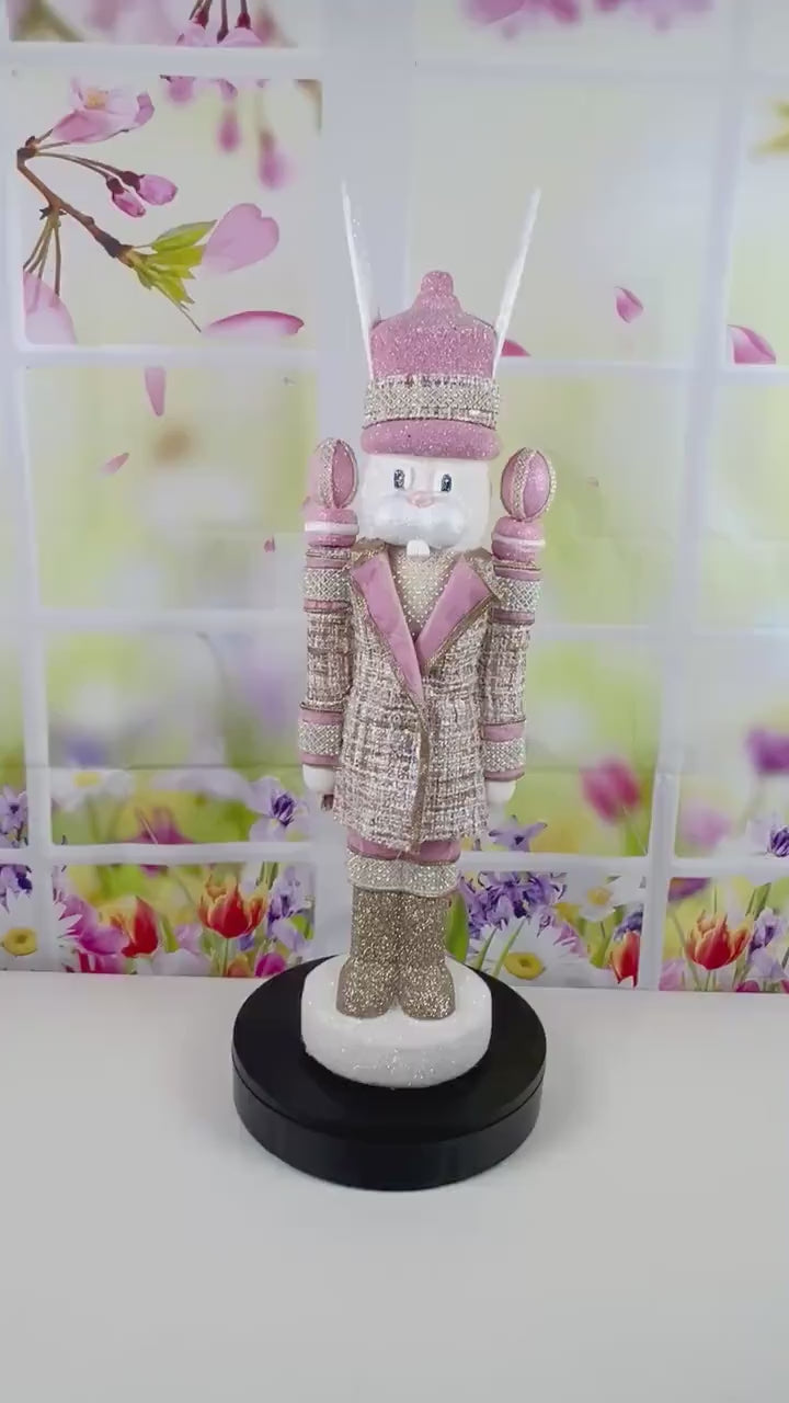Luxury Easter Bunny Nutcracker – Couture Pink and Gold Decor – D Stevens Ribbon, Glitter and Jewel Trim – Elegant Spring Home Decor
