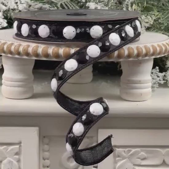 Farrisilk Black and White Jeweled Ribbon, Rhinestone Wired Ribbon, Designer Christmas Tree Trimming