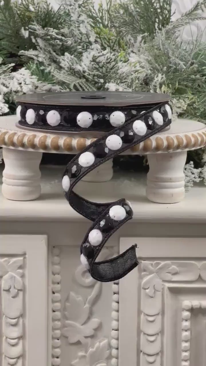Farrisilk Black and White Jeweled Ribbon, Rhinestone Wired Ribbon, Designer Christmas Tree Trimming