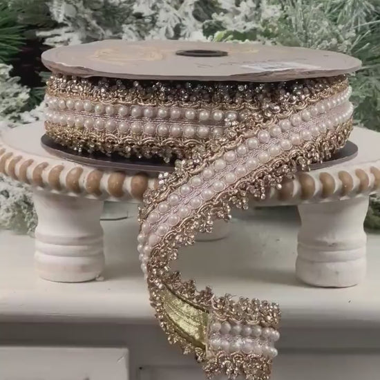 D. Stevens Gold Embroidered Jewel Trim Ribbon, Metallic Pearl Designer Ribbon, Luxury Holiday and Wedding Decor