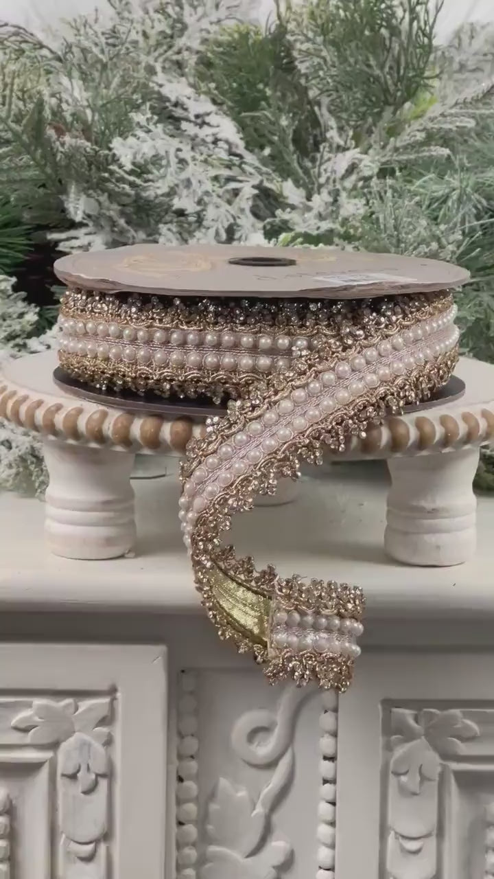 D. Stevens Gold Embroidered Jewel Trim Ribbon, Metallic Pearl Designer Ribbon, Luxury Holiday and Wedding Decor