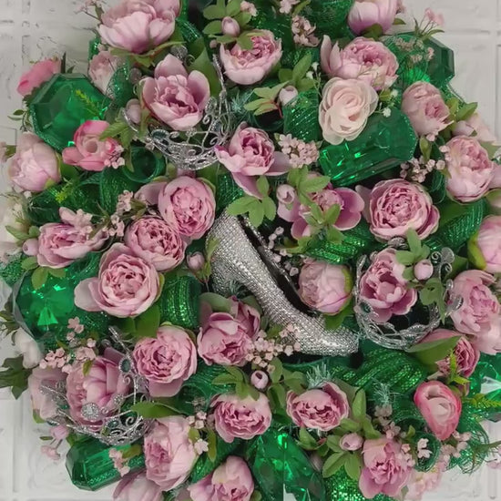 Pink Peony Designer Wreath, Jeweled Slipper & Tiara Wreath, Emerald Gem Floral Wreath, Luxe Door Decor, Statement Wreath
