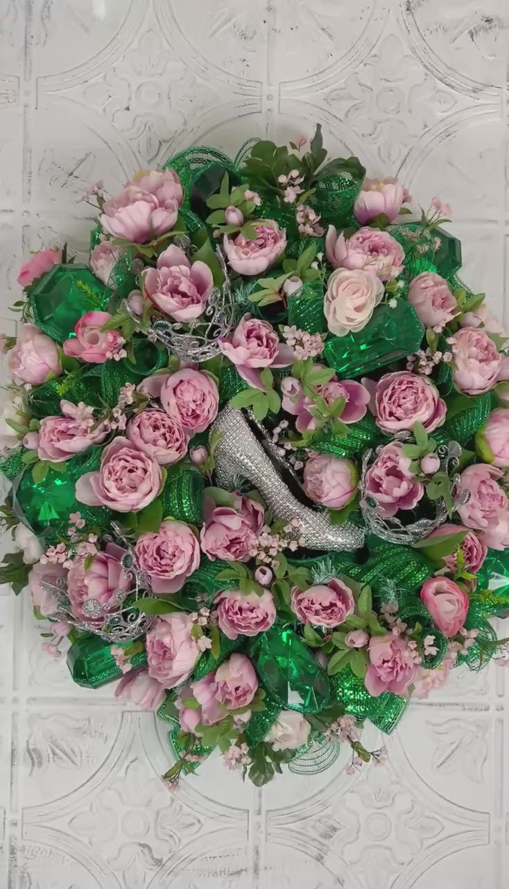 Pink Peony Designer Wreath, Jeweled Slipper & Tiara Wreath, Emerald Gem Floral Wreath, Luxe Door Decor, Statement Wreath