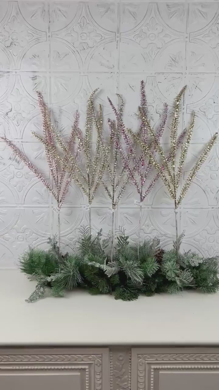 Glittered Fern Spray, Farrisilk Jeweled Fern Stem, Holiday Tree Filler, Christmas Glitter Pick, Glittered Floral Stem, Wreath Supplies