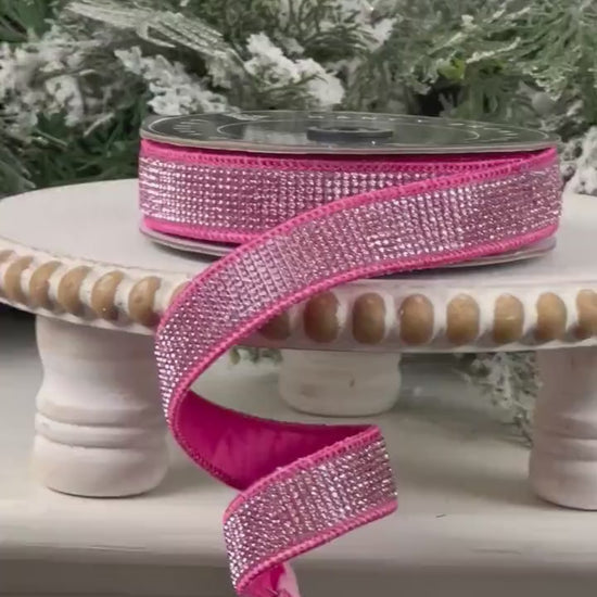 Hot Pink Rhinestone Ribbon, Fuchsia Dupion Ribbon with Rhinestone Trim, Jeweled Designer Ribbon for Holiday and Wedding Decor