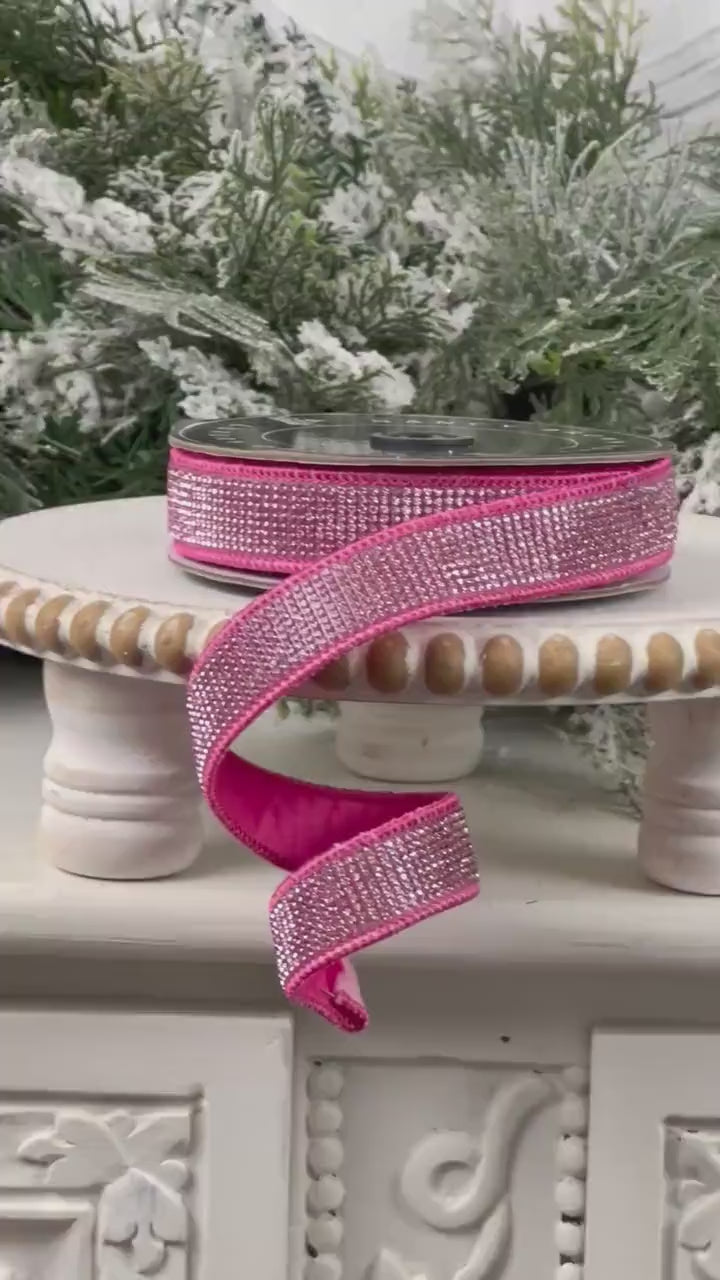 Hot Pink Rhinestone Ribbon, Fuchsia Dupion Ribbon with Rhinestone Trim, Jeweled Designer Ribbon for Holiday and Wedding Decor