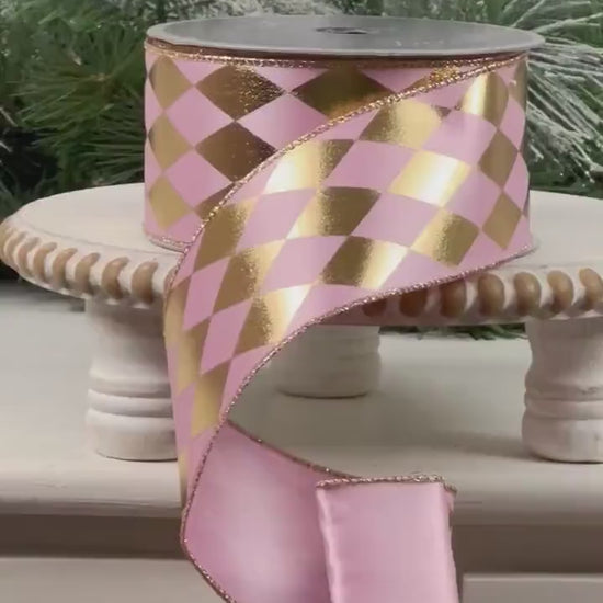 Pink and Gold Harlequin Ribbon, Farrisilk Designer Ribbon, Foil Jester Ribbon, Elegant Holiday Ribbon, Luxury Wedding Ribbon