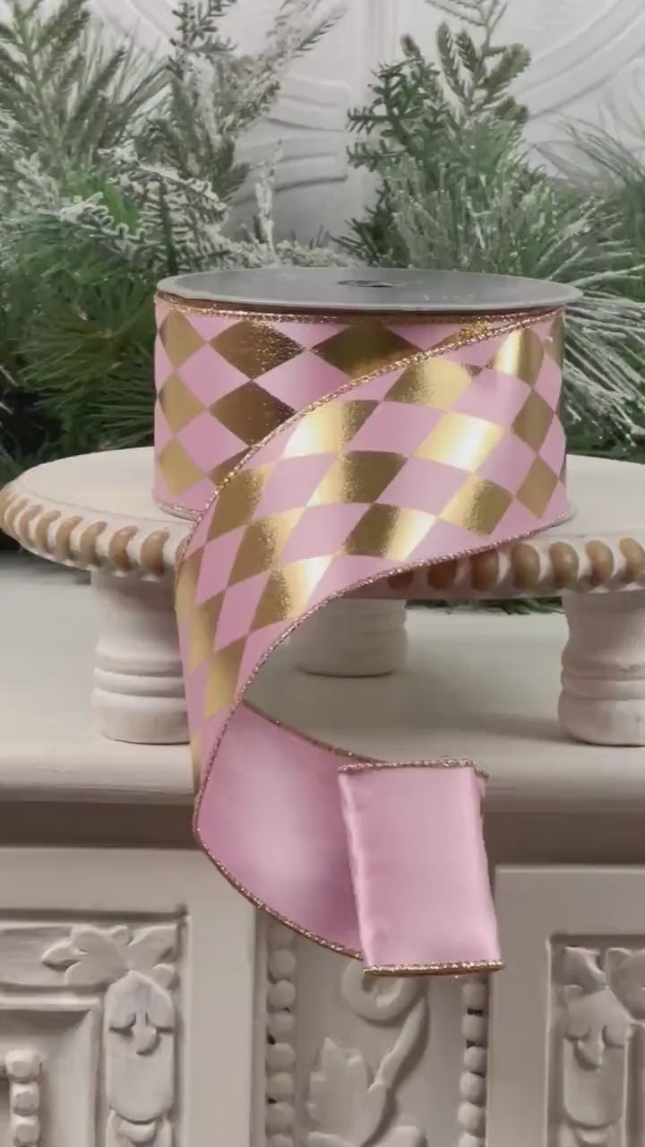 Pink and Gold Harlequin Ribbon, Farrisilk Designer Ribbon, Foil Jester Ribbon, Elegant Holiday Ribbon, Luxury Wedding Ribbon