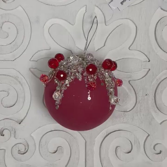 Jeweled Velvet Ornament, Red Christmas Ornament, Crystal Drop Ornament, Holiday Tree Decor, Beaded Velvet Ornament